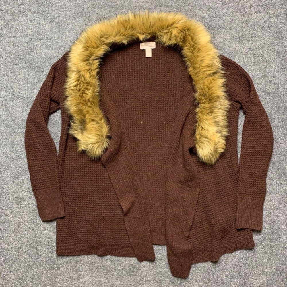 Forever 21 Womens Cardigan Sweater Brown Long Sleeve Open Front Waffle Knit XS